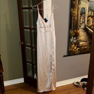 Lulu's Satin Long Dress in Gold. Has a liner underneath.